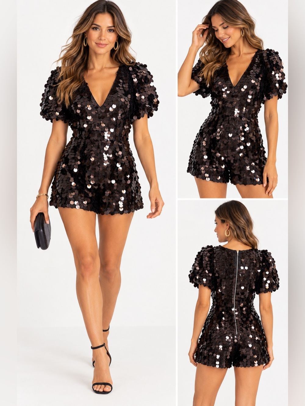 Black large Sequin Short Sleeve romper